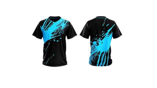 Black designs on bright blue T-shirts