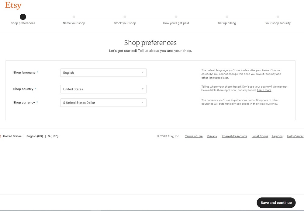 then click “save and continue” to create Etsy shop