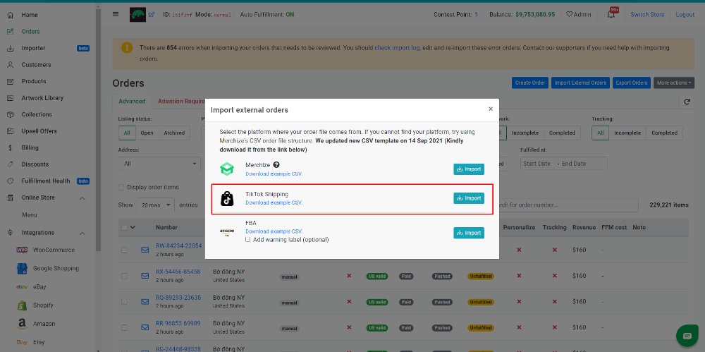 import external order screen