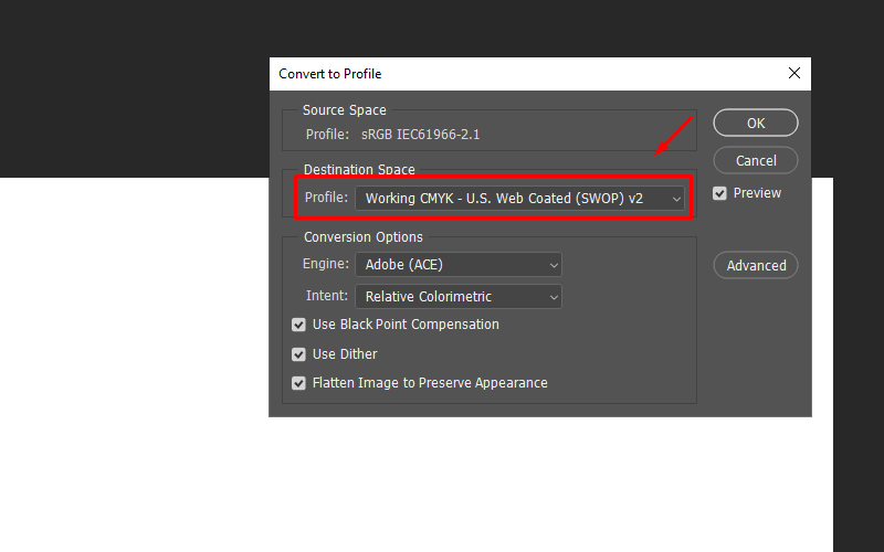 convert color profile to CMYK in photoshop