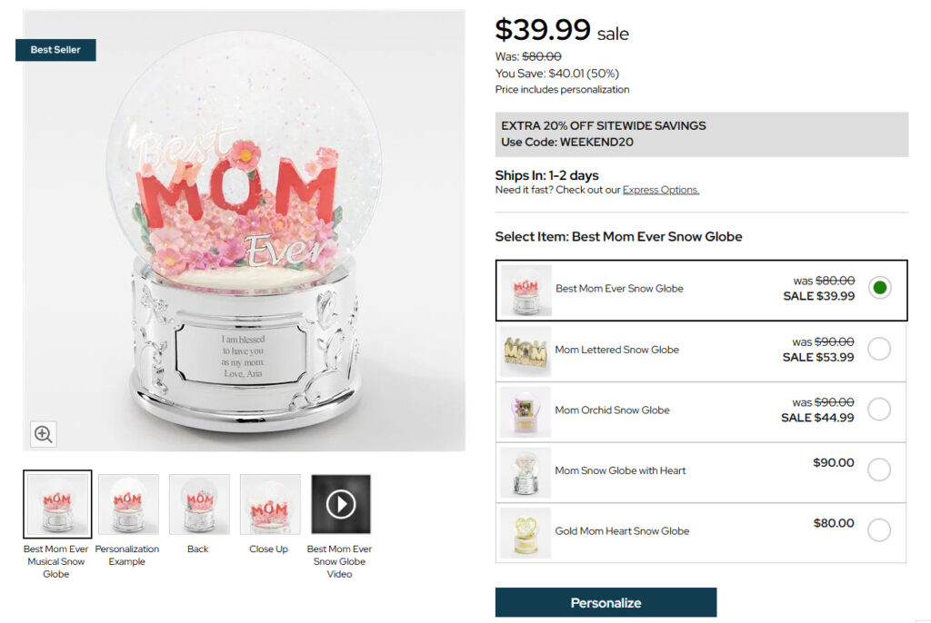Engraved “Best Mom Ever” musical snow globe