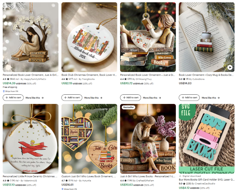 christmas ornament book lover niche