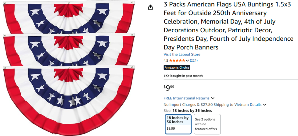 American Flag Bunting Banner 1.5x3 Ft