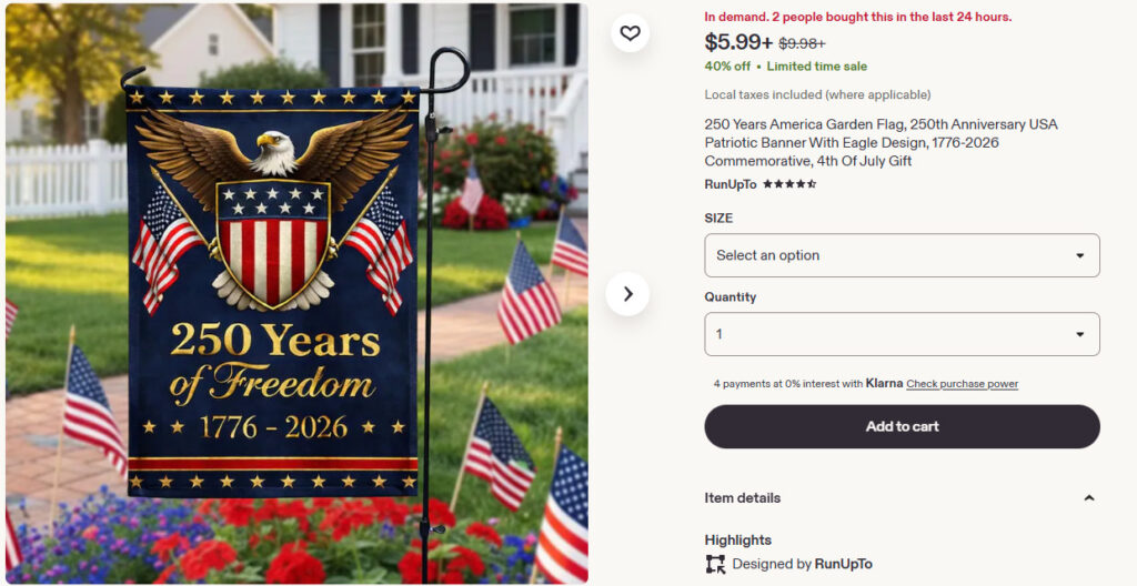 Etsy 250 Years America Patriotic Garden Flag