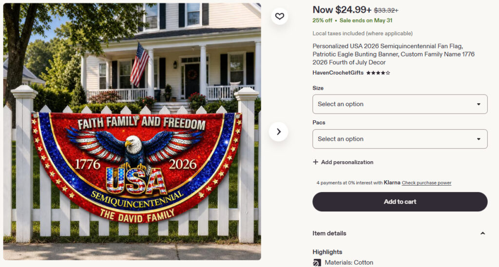Etsy Personalized USA 2026 Patriotic Eagle Bunting Banner