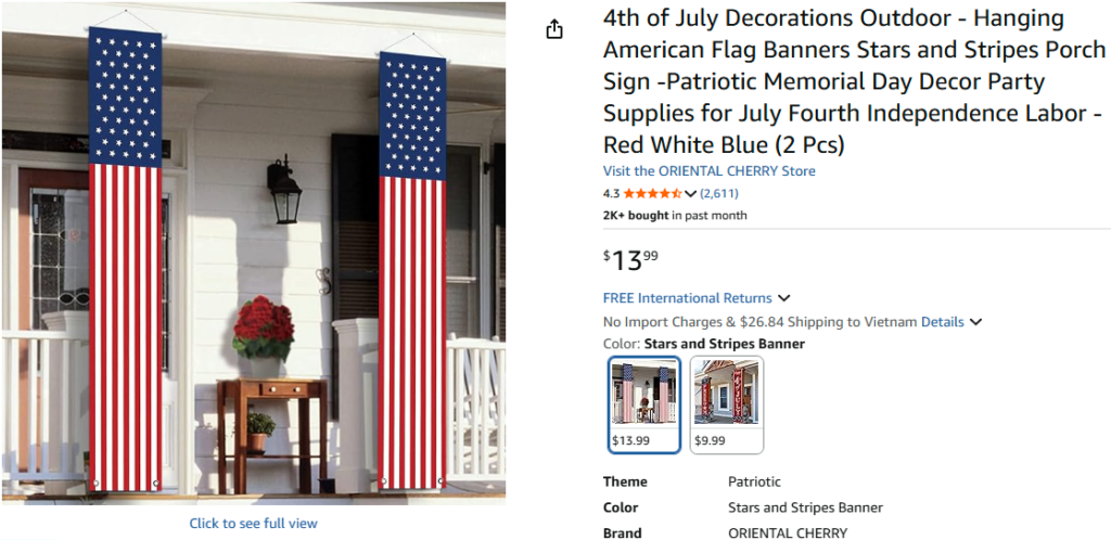 Patriotic Hanging American Flag Porch Banner