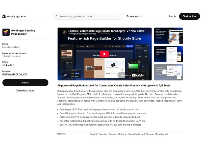 GemPages Shopify apps