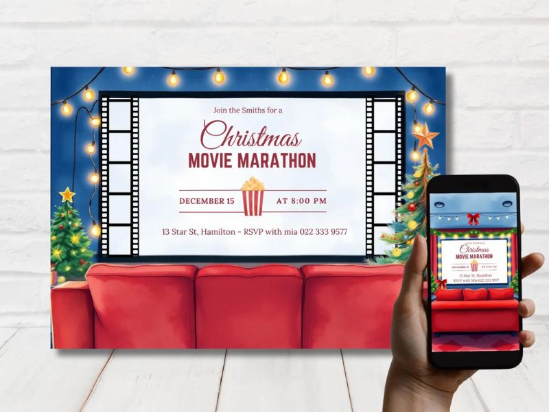 Holiday movie marathon Christmas party invitation concepts